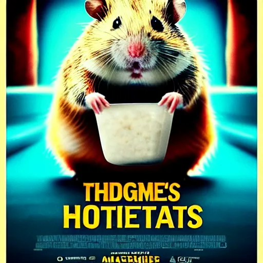 Image similar to an epic movie poster of a movie where a homeless hamster eats so much oatmeal he becomes obese, extremely fat hamster