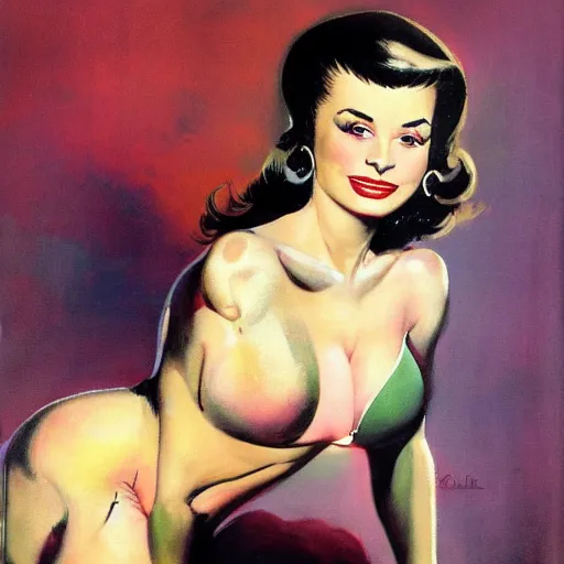 Prompt: epic wide angle full body portrait of Betty Paige, by frank Frazetta