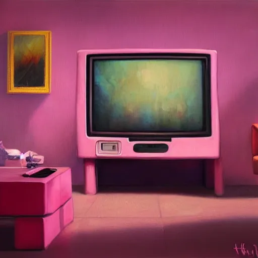 Prompt: a television in a pink room showing static that looks like a well, oil painting, ultradetailed, artstation, ultradetailed, digital painting, ultradetailed