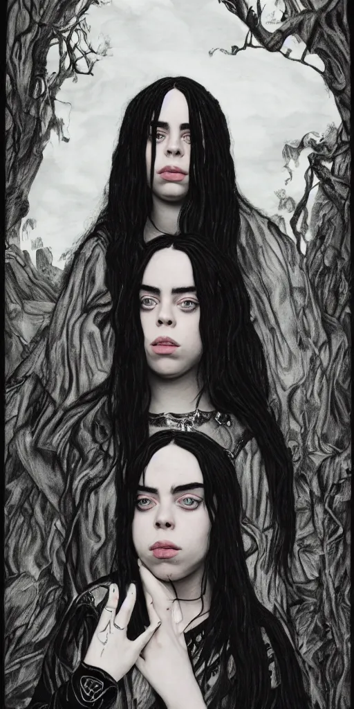 Prompt: An black velvet medium shot portrait of Billie Eilish as an ancient princess with gothic woods in the background by Edgar Leeteg