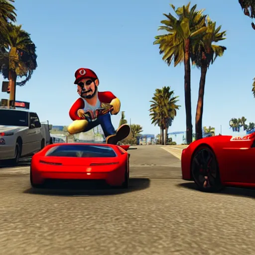 Image similar to a screenshot of GTA V with mario driving a car