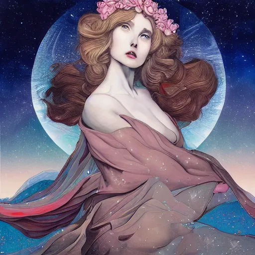 Prompt: amouranth as a tempting celestial by james jean, rule of thirds, seductive look, beautiful, in intergalactic hq