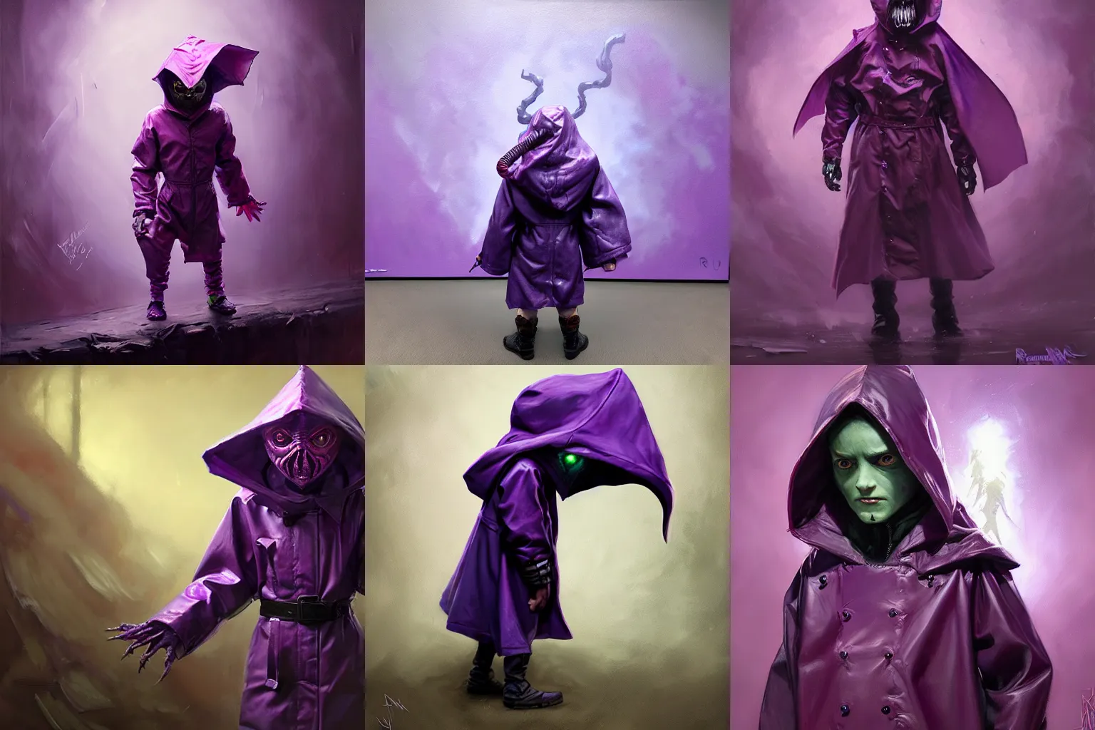 Prompt: Little nightmares purple raincoat demogorgon painted by raymond swanland