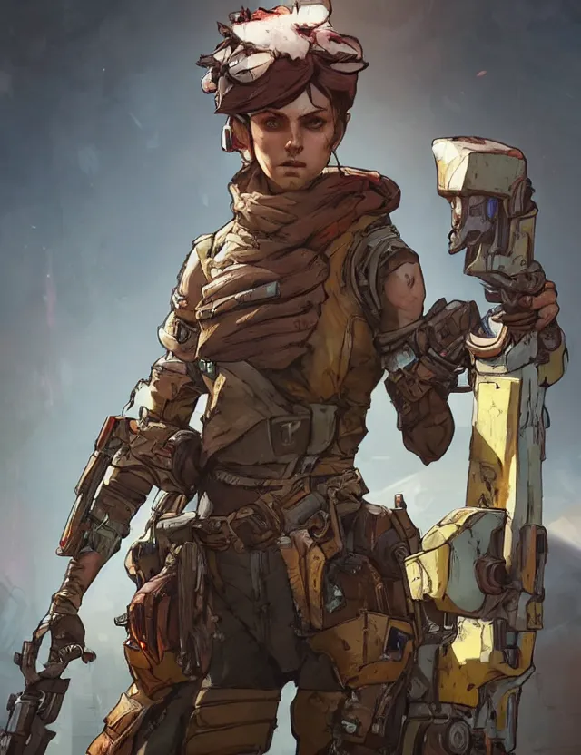 Prompt: a young female soldier as borderlands 3 concept art, art by ryo shiotani and greg rutkowski, intricate, beautiful, cute, cinematic lighting, vintage art by serge ivanoff, high resolution, very detailed