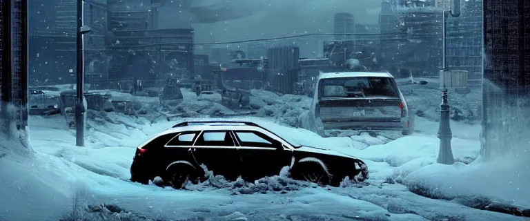 Image similar to Audi A4 B6 Avant (2002), a gritty neo-noir, dramatic lighting, cinematic, eerie person silhouette, death, homicide, homicide in the snow, gunshots, establishing shot, extremely high detail, photorealistic, cinematic lighting, artstation, by simon stalenhag, Max Payne (PC) (2001) winter new york at night, Max Payne 2 graphic novel style, flashing lights, Poets of the Fall - Late Goodbye