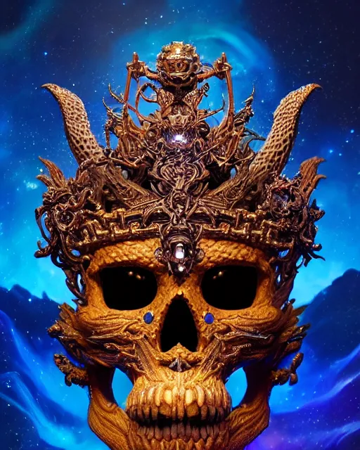 Image similar to 3 d ornate carved dark cosmic king queen profile portrait, sigma 5 0 0 mm f / 5. beautiful intricate highly detailed quetzalcoatl skull. bioluminescent, plasma, lava, ice, water, wind, creature, thunderstorm! artwork by tooth wu and wlop and beeple and greg rutkowski, 8 k trending on artstation