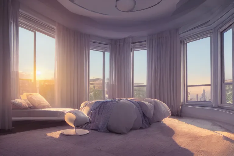 Image similar to a futuristic furnished bedroom with a large window at sunset, godrays, luxury furniture , white bed, complementary colors, warm lighting, path traced, highly detailed, high quality, concept art, 8k, calm, trending on Artstation, full of furniture