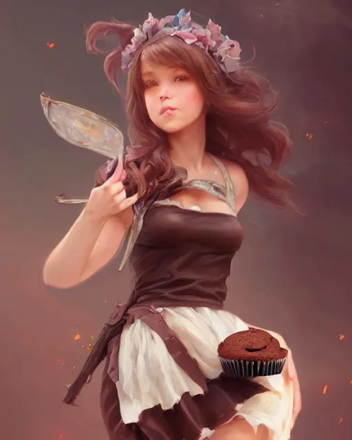 Prompt: a ( ( girl as personification of chocolate cupcake ) ), beauty, fantasy bakery, digital painting by krenz cushart, greg rutkowski, artgerm, laurie greasly, wlop, intricate, highly detailed!!, sharp focus, smooth, epic composition, joyful, unreal engine, masterpiece, 8 k, interesting background