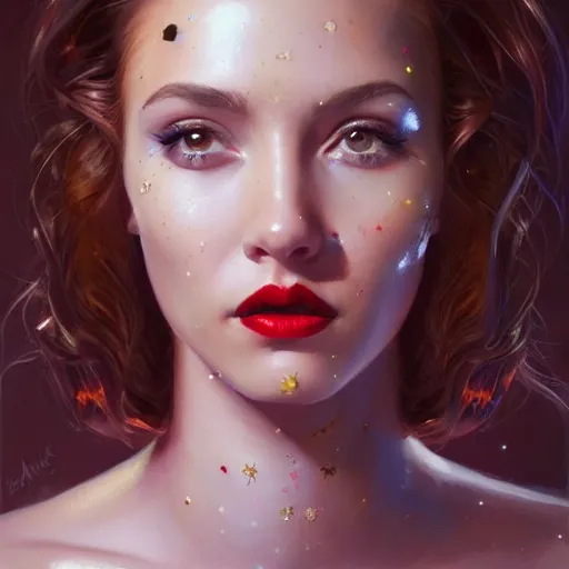 Prompt: a portrait of a very beautiful woman in a spacesuit with a dueling scar, brown eyes, shoulder-length brown hair, deep red lips, glitter, bored, illustration, soft lighting, soft details, painting oil on canvas by mark arian by artgerm, trending on artstation, 4k, 8k, HD