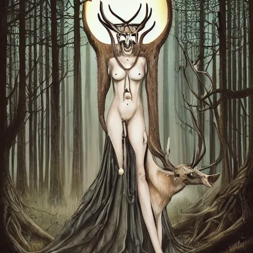 Image similar to an epic horrific wiccan gothic painting of a mother - nature witch cult woman wearing a deer skull, in a moonlit forest by gerald brom by junji ito by vanessa lemen by charlie bowater