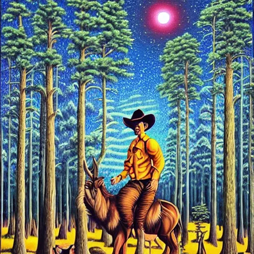 Prompt: psychedelic, trippy, cowboy, moose, pine forest, planets, milky way, cartoon by rob gonsalves