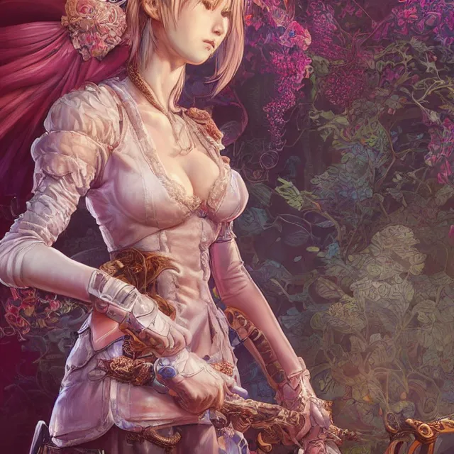 Prompt: the portrait of neutral good colorful female cleric bard as absurdly beautiful, gorgeous, elegant, skinny young gravure idol, an ultrafine hyperdetailed illustration by kim jung gi, irakli nadar, intricate linework, sharp focus, bright colors, octopath traveler, final fantasy, unreal engine highly rendered, global illumination, radiant light, detailed and intricate environment