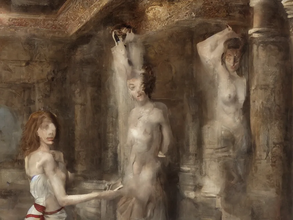 Prompt: felicia day in a turkish bath, painted by gerome. exquisite detail and color. volumetric lighting, soft lighting. perfectly symmetrical female body. perfectly symmetrical female face.