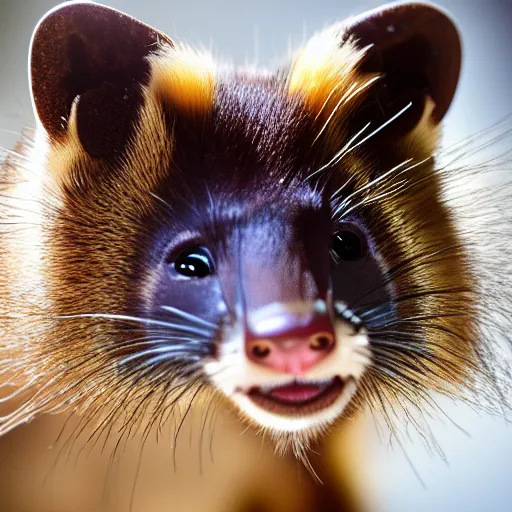 Prompt: A photorealistic marten animal wearing jewels, a blonde wig and lots of makeup, bokeh