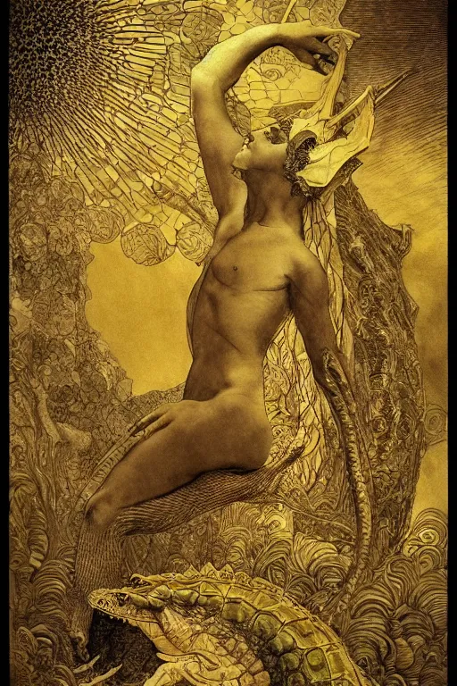 Image similar to beautiful crocodile headed god by maxfield parrish, mandala, coherent design, digital watercolor ink illustration painting, extremely dull colors, golden ratio, detailed, sharp lines, sharp focus, intricate, artgerm, gustave dore, alphonse mucha, octane render