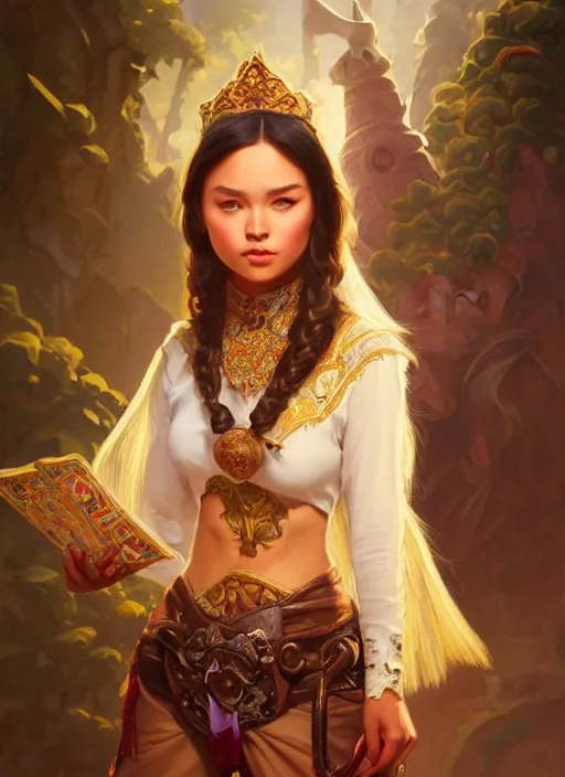 Image similar to portrait of russian mexican asian girl jodhpurs hyperborea lemuria, deep focus, d & d, fantasy, intricate, elegant, highly detailed, digital painting, artstation, concept art, matte, sharp focus, illustration, hearthstone, art by rhads by artgerm and greg rutkowski and alphonse mucha