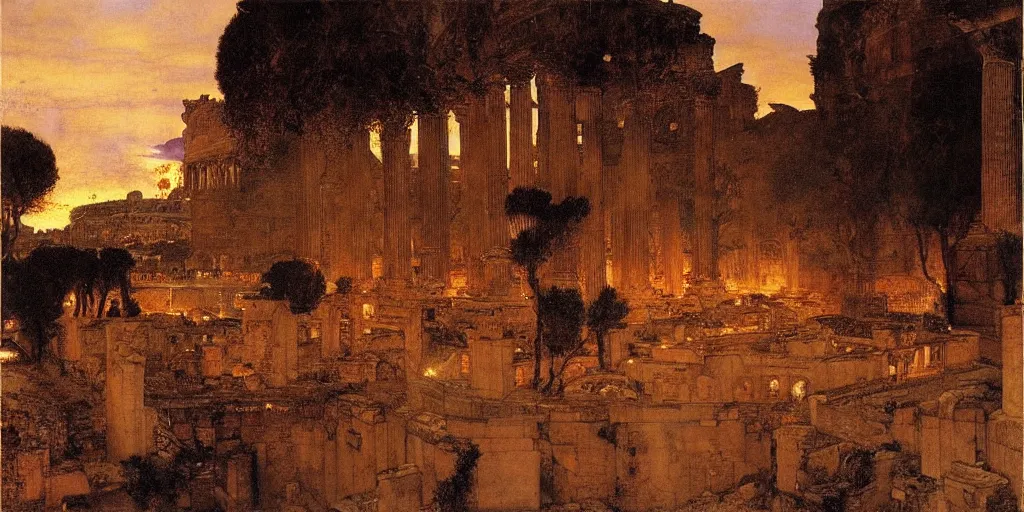 Prompt: ancient rome on fire at night by lawrence alma - tadema,