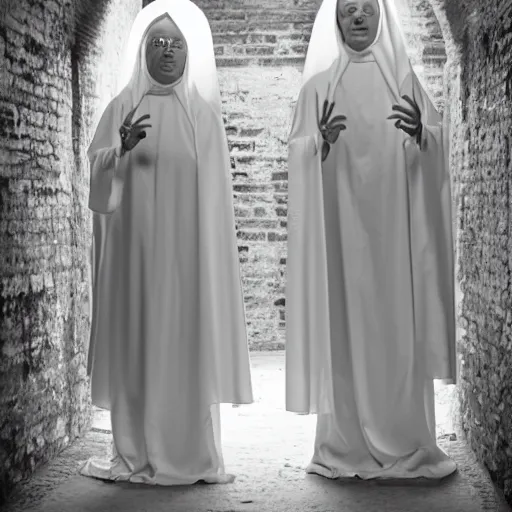 Prompt: nightmare vision, black and white, award winning photo of smiling levitating twin nuns, wearing translucent sheet, Mary in a sanctuary, mirror hallways, eerie, tall columns, frightening —width 1024 —height 1024