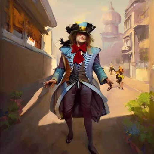 Image similar to greg manchess portrait painting of partially armored mad hatter from alice in wonderland as overwatch character, wacky, medium shot, asymmetrical, profile picture, organic painting, sunny day, matte painting, bold shapes, hard edges, street art, trending on artstation, by huang guangjian and gil elvgren and jesper ejsing