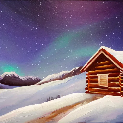 Prompt: an oil painting of a small log cabin in a snow covered, mountainous landscape below a night sky displaying the northern lights, mountains in the background, trending on artstation