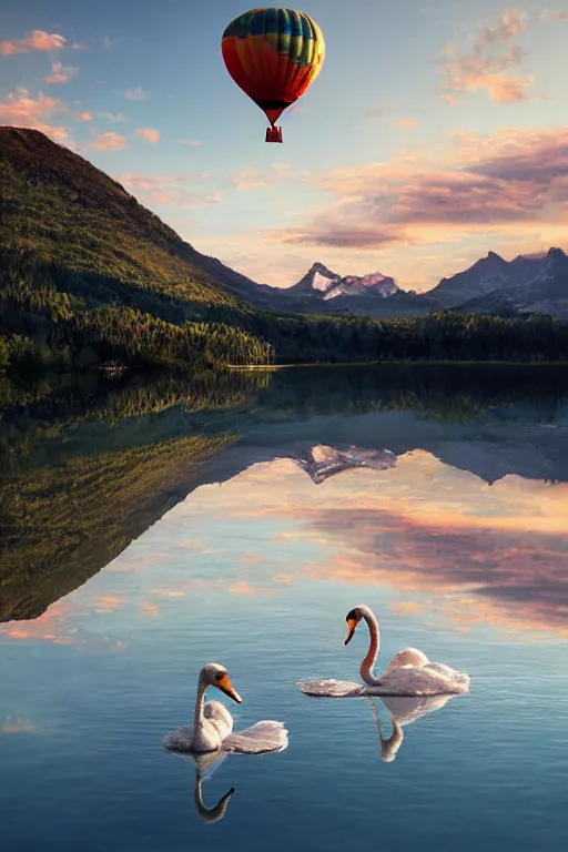 Prompt: Photorealistic two swans forming a Hot Air Balloon, flying above a mountain lake, 8k highly professionally detailed, HDR, CGsociety