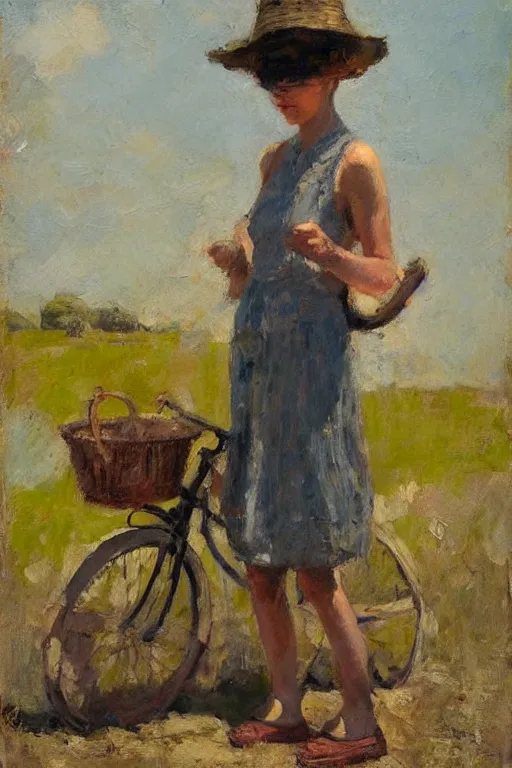 Prompt: girl with summerhat, standing next to bicycle, joseph todorovitch