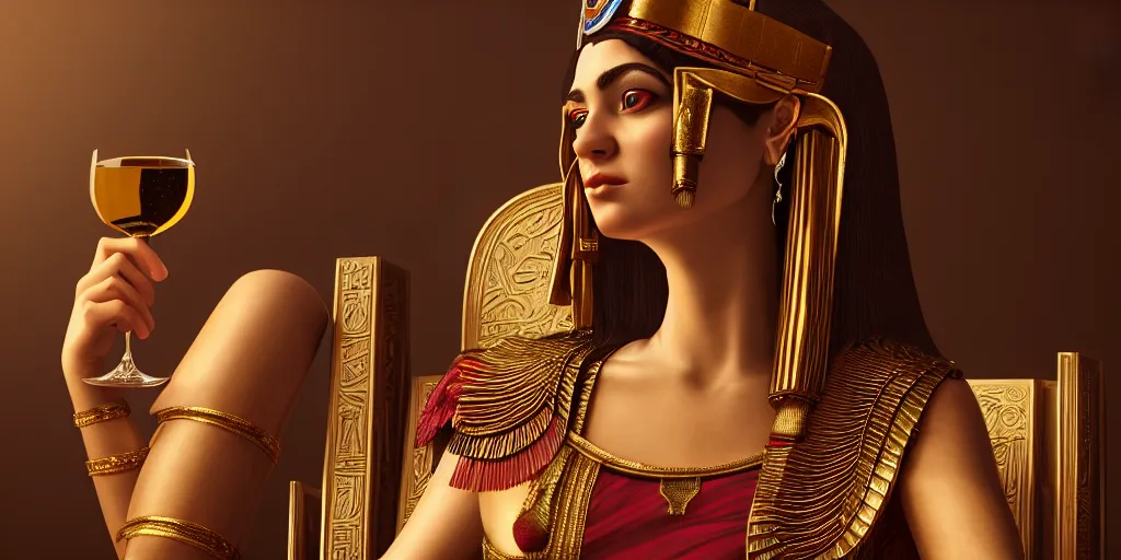 Image similar to detailed portrait of Cleopatra drinking wine on her throne, hyper-realistic, Unreal Engine, Octane Render, digital art, trending on Artstation, 8k, detailed, atmospheric, immaculate