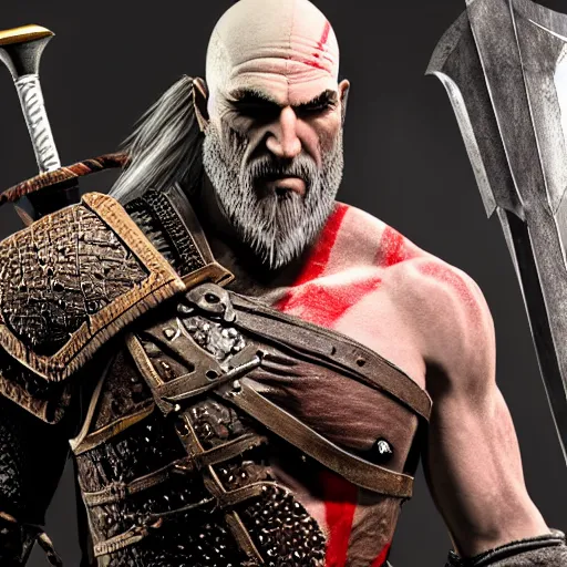 Image similar to geralt of rivia as kratos in god of war: ragnarok