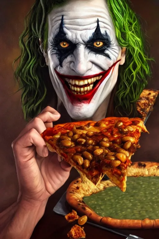 Image similar to a full body high detail fantasy portrait oil painting illustration of the joker eating baked beans and pizza by justin sweet with face and body clearly visible, in a scenic background, pretty eyes, realistic proportions, d & d, rpg, forgotten realms, artstation trending, high quality, sombre mood, artstation trending, muted colours, entire person visible!