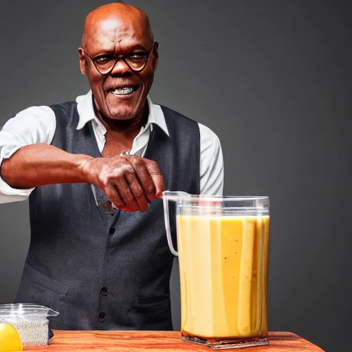 Image similar to samuel l jackson making a smoothie, professional studio photography, 4 k