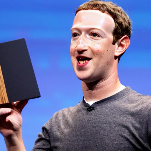 Image similar to mark zuckerberg holding circular, patterned wooden coaster up to the camera