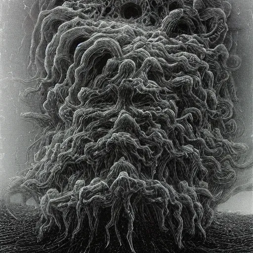 Prompt: a dark storm cloud made out of hundreds of ghostly faces. berserk. painted by beksinski and larry elmore.