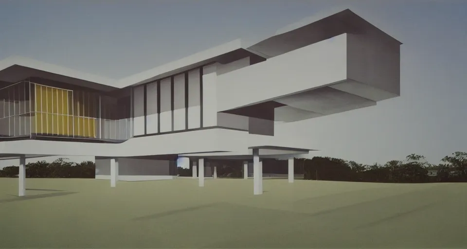 Image similar to modern house, bauhaus, mies van der rohe, matte painting, hiroshi nagai