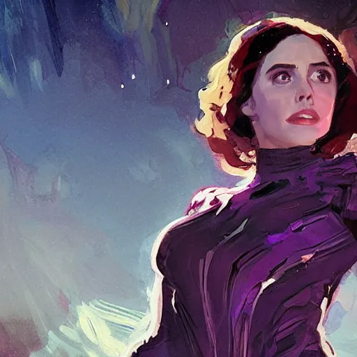 Prompt: alison brie as thanos, intricate, elegant, highly detailed, greg manchess, mucha, liepke, ruan jia, jeffrey catherine jones, ridley scott