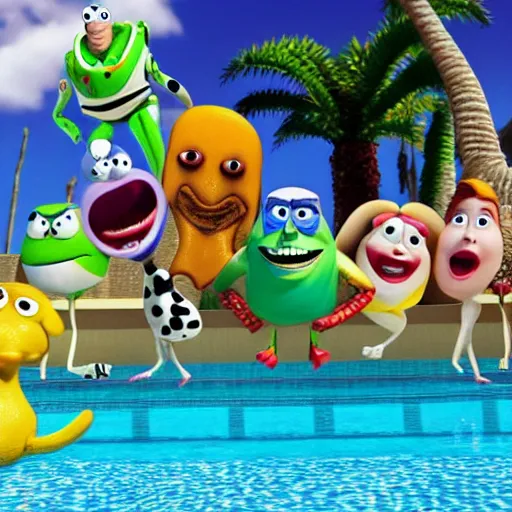 Prompt: funny crazy creatures in the swimming pool in style of Toy story, pixar, 8k hd dof