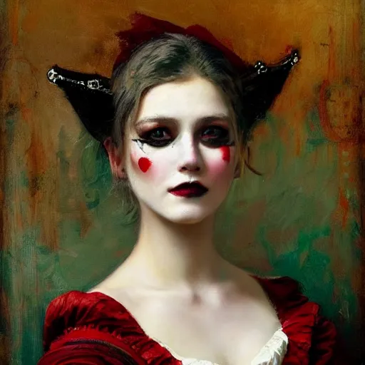 Prompt: Solomon Joseph Solomon and Richard Schmid and Jeremy Lipking victorian genre painting portrait painting of a happy young beautiful woman punk rock goth girl german french actress model pirate wench in fantasy costume, red background