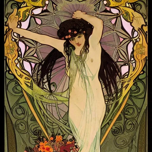 Image similar to persephone as goddess of death, flowers, dark, evil, painted by alphonse mucha