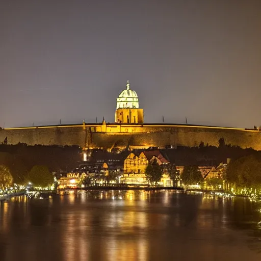 Image similar to ufo alien spaceship landing at the ( ( ( ( prague castle ) ) ) ) during the night, large flying saucer, dslr photography, aliens, volumetrics