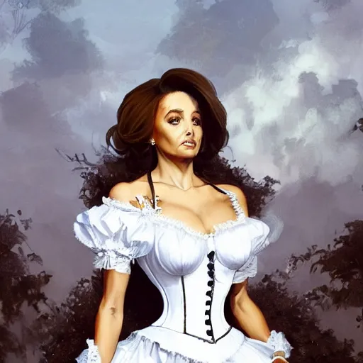 Image similar to cute black nancy pelosi wearing a white corset dress, fantasy, intricate, highly detailed, digital painting, artstation, concept art, wallpaper, smooth, sharp focus, illustration, art by artgerm and greg rutkowski and alphonse mucha