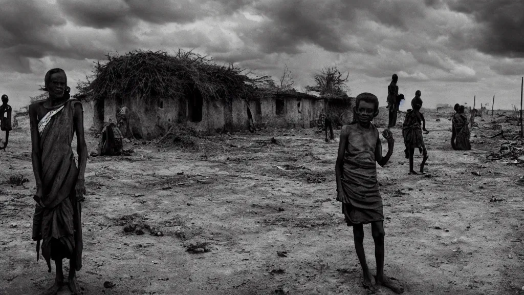 Prompt: 1984 Ethiopian famine and drought, moody, dark, movie scene, depth of field, hd, 4k