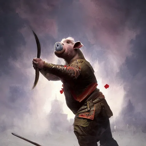 Prompt: oil painting of Putin as a pig, sharp focus, holding Sabre, fantasy style, octane render, volumetric lighting, 8k high definition, by greg rutkowski, highly detailed, trending on art Station, magic the gathering artwork, Battlefield backround, centered