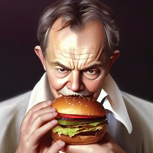 Prompt: portrait of Tony Blair eating hamburgers, extra onions and ketchup, luscious patty with sesame seeds, feminine ethereal, handsome, D&D, fantasy, intricate, elegant, highly detailed, digital painting, artstation, concept art, matte, sharp focus, illustration, art by Artgerm and Greg Rutkowski and Alphonse Mucha