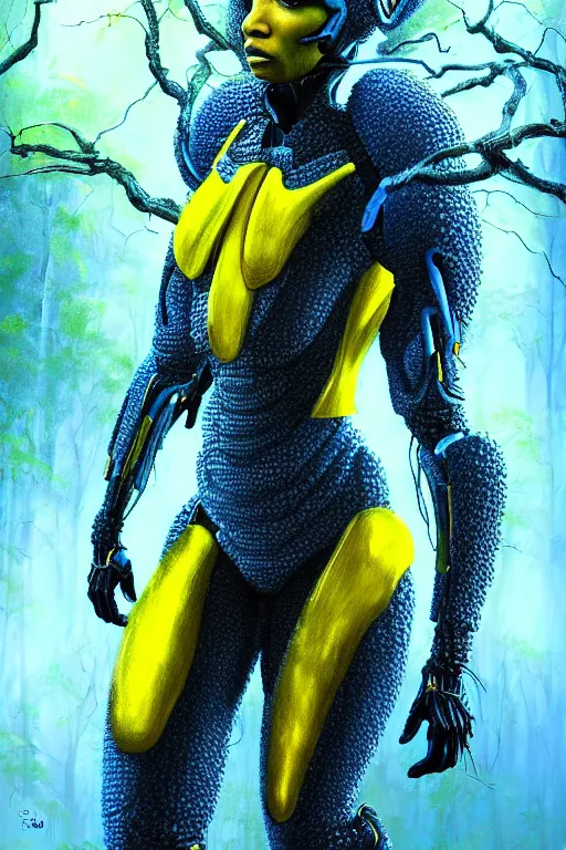 Prompt: hyperrealistic post - symbolism cinematic super expressive! black woman with exoskeleton armor, merging with tree in a forest, highly detailed digital art masterpiece, smooth cam de leon eric zener dramatic pearlescent soft blue yellow light, ground angle hd 8 k, sharp focus