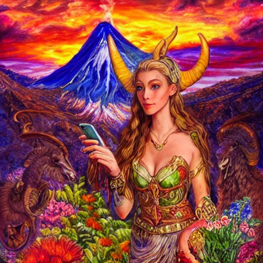 Prompt: painting by senior concept artist josephine wall horned ram goddess checking her cell phone erupting volcano and sunset in distance in background flowers in foreground zodiac fantasy acrylic on canvas intricately detailed highly detailed high resolution hdr 8 k trending on artstation