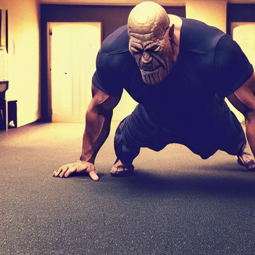 Prompt: thanos doing push - ups in someones basement, taken with an iphone,