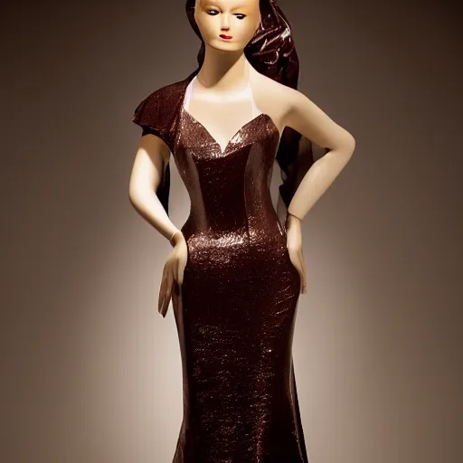 Image similar to a beautiful evening gown made of fluid dark chocolate, on a mannequin.. studio lighting, high quality, high resolution