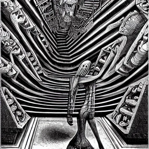 Image similar to mehmet paterns, hr giger, mc escher style djinns