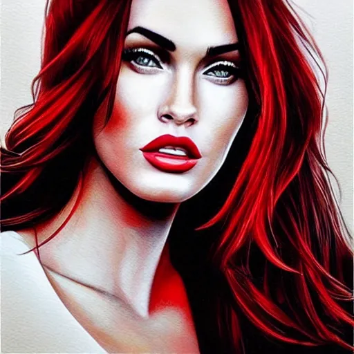 Prompt: “Beautiful Megan Fox Red pencil paintings, only red and white colors, ultra detailed portrait, 4k resolution”