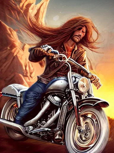 Image similar to handsome man with long hair riding a harley davidson. intricate, elegant, highly detailed, digital painting, artstation, concept art, sharp focus, illustration, by justin gerard and artgerm, 8 k