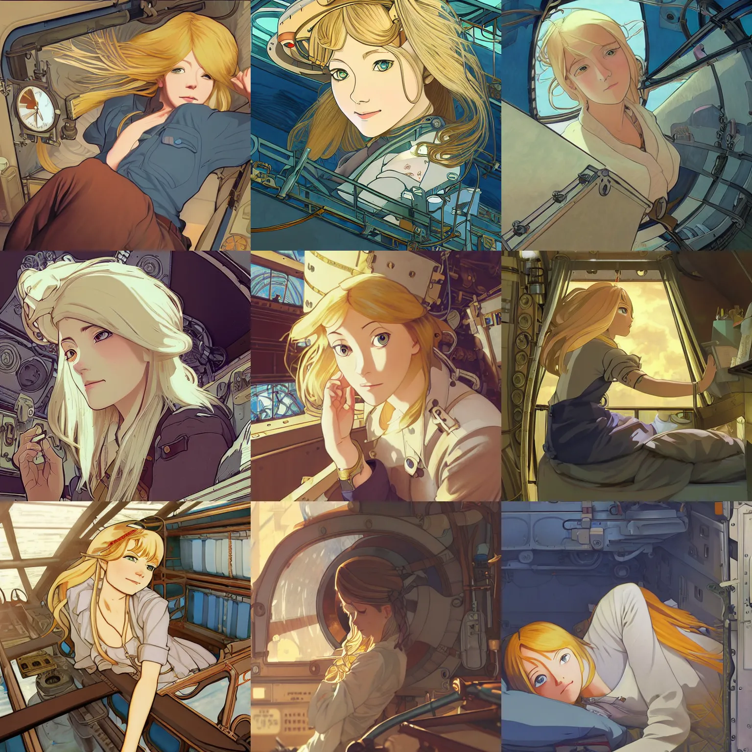 Prompt: Blonde female airship mechanic waking up in her cramped bunk, steampunk, beautiful facial features, highly detailed, illustration, Makoto Shinkai and Studio Ghibli animated film still, by Ilya Kuvshinov and Alphonse Mucha